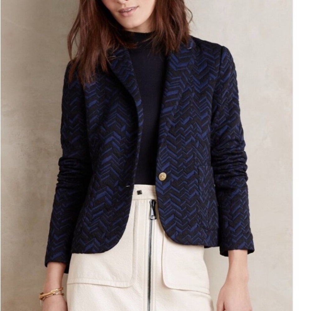 ANTHROPOLOGIE Bas-Relief Blazer by Cartonnier Navy Blue Black
Textured Jacket